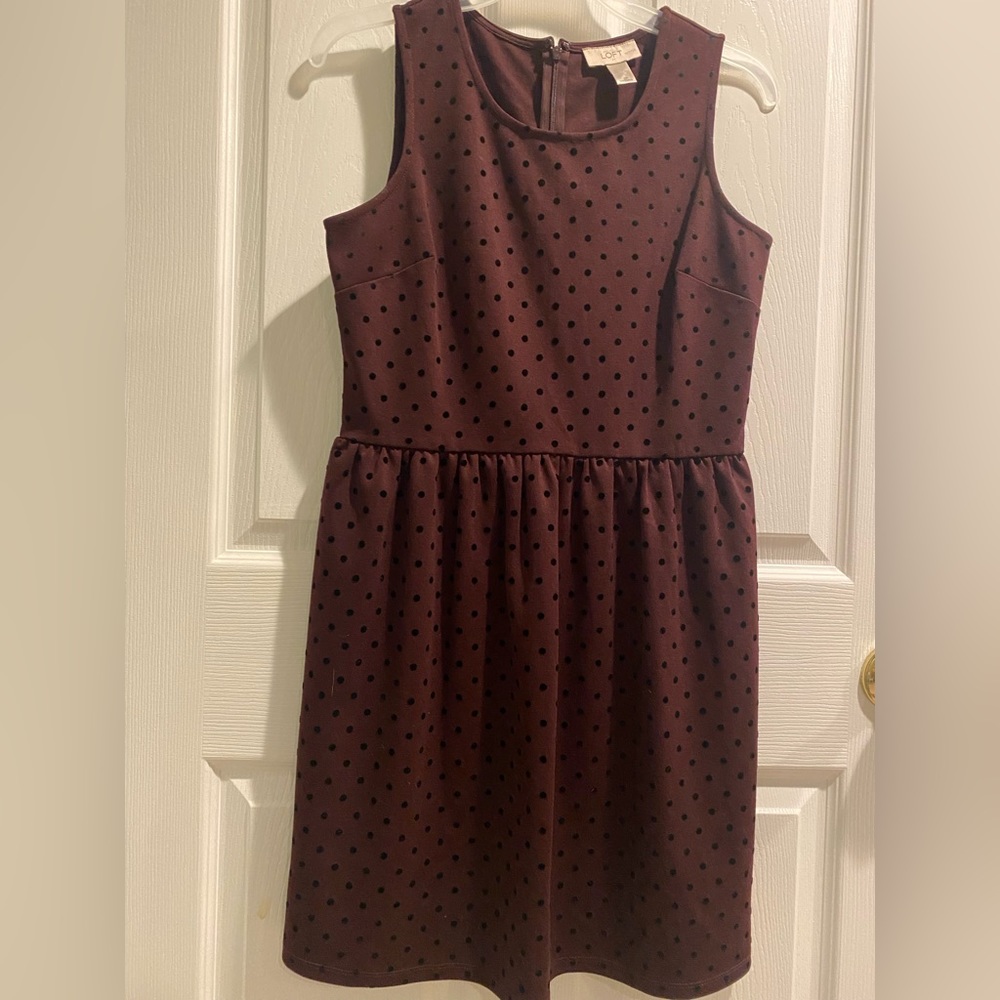 LOFT burgundy dress with black flocked dots. Size 2 petite.